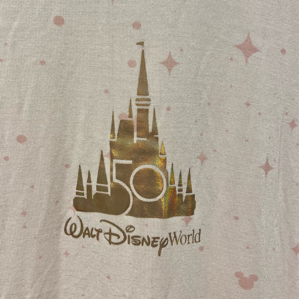 Walt Disney World 50th Anniversary Pink Allover Gold Castle Print Tee Medium - Picture 3 of 4